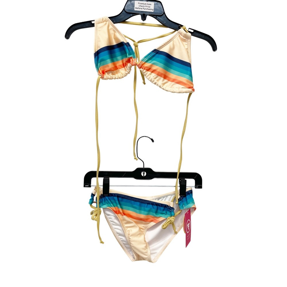 Berry Jane Women's Cream Retro Stripe Triangle Bikini Swimsuit Set Size Medium